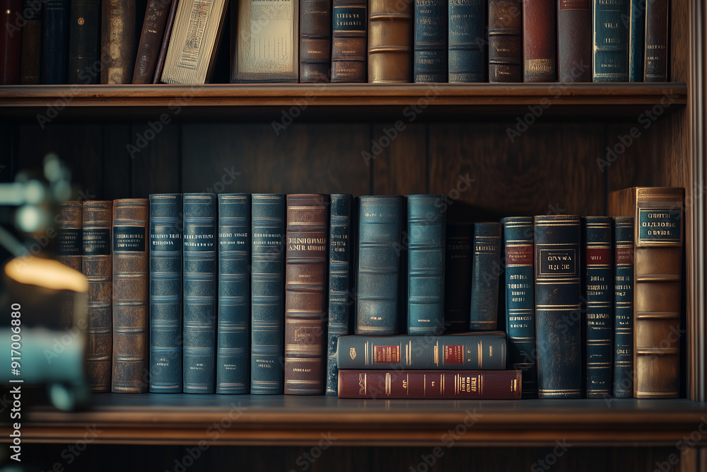 Fototapeta premium Pile of book on wooden bookshelf with sunlight, Close up shot of book on shelf in library.