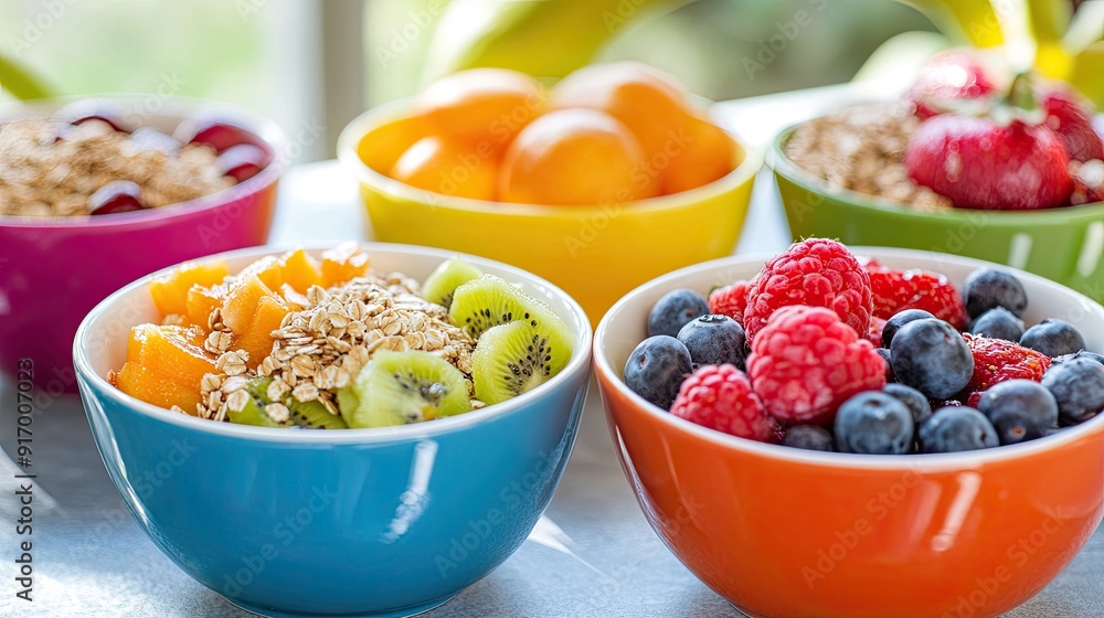 A bright and cheerful composition of colorful bowls filled with fresh fruit and granola, set on a table, perfect for promoting healthy eating. A bright and cheerful composition of colorful bowls filled with fresh fruit and granola, set on a table, perfect for promoting healthy eating.
