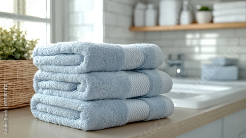 A stack of neatly folded blue towels on a bathroom countertop.