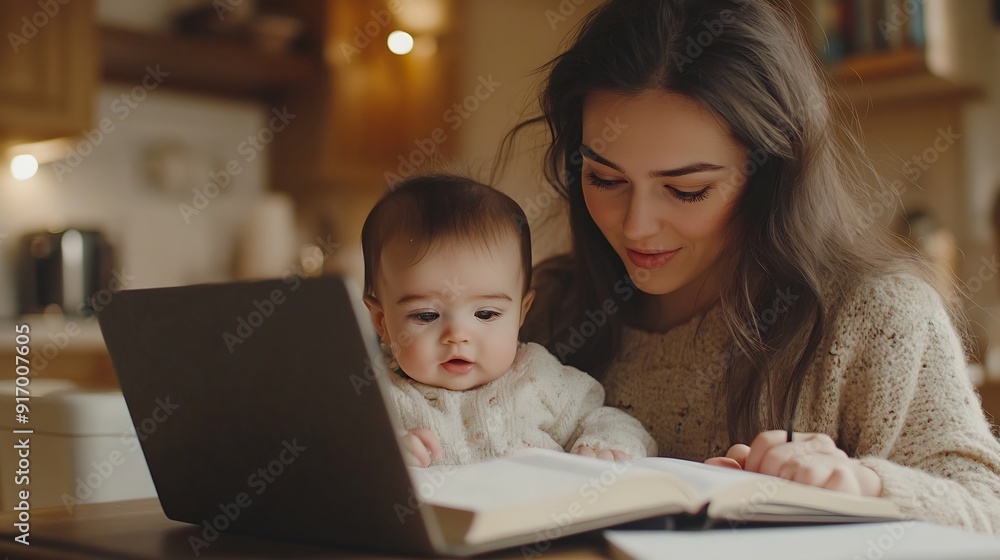 Mother baby and book with laptop for remote work at kitchen for reading ideas or editing in family home Woman infant and computer for creativity in notes freelance or thinking for medi : Generative AI Mother baby and book with laptop for remote work at kitchen for reading ideas or editing in family home Woman infant and computer for creativity in notes freelance or thinking for medi : Generative AI