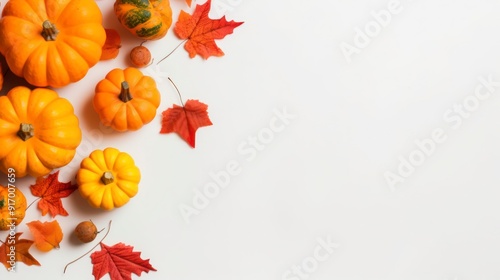 Autumn background with pumpkins and leaves on white background