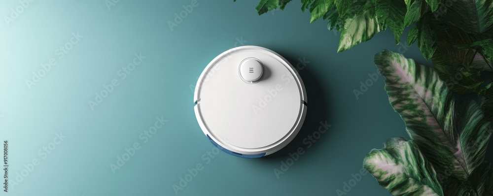 Robot vacuum cleaner on a blue wall with green plant. Robot vacuum cleaner on a blue wall with green plant.