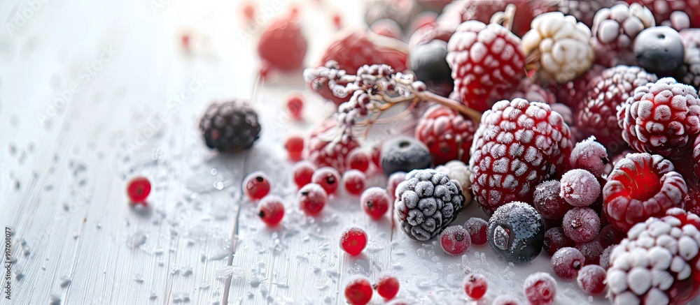 A lively mix of fresh and frozen berries on a white wooden table ideal for displaying summer fruits with plenty of copy space image A lively mix of fresh and frozen berries on a white wooden table ideal for displaying summer fruits with plenty of copy space image