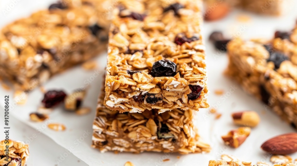 A close-up of golden-brown homemade granola bars with visible oats, nuts, and dried fruit pieces, neatly stacked on a white surface.