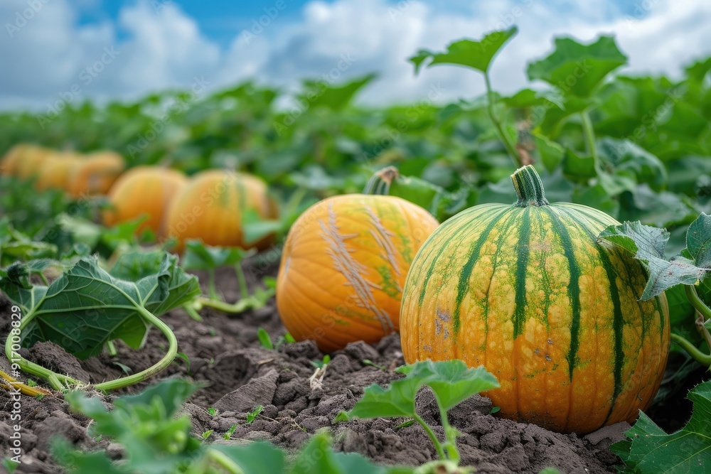 Obraz premium A field of pumpkins. Orange pumpkins in garden. A harvest of pumpkins in the soil illuminated by the sun. Vegetables. Bashtan