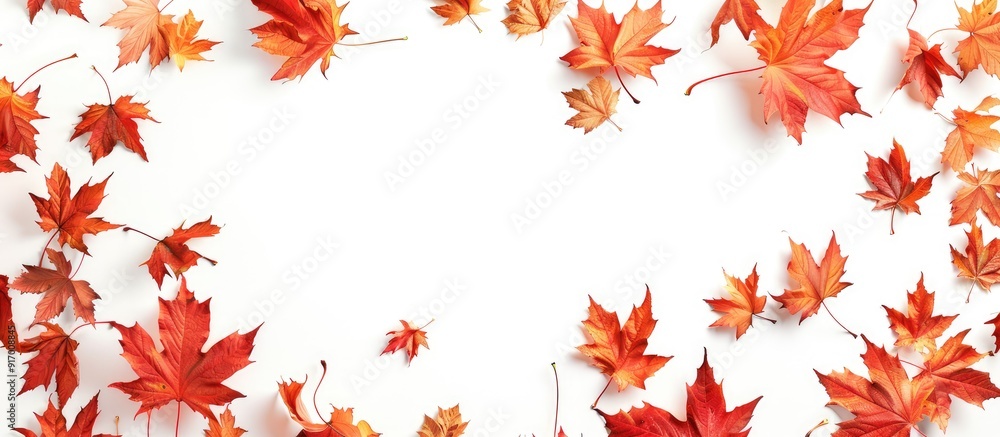 Top down view of fall maple leaves against a white backdrop with room for text in the frame ideal for a copy space image Top down view of fall maple leaves against a white backdrop with room for text in the frame ideal for a copy space image