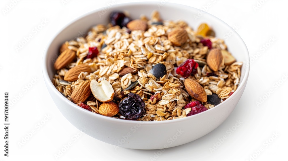 A beautifully arranged bowl of granola featuring rolled oats, nuts, seeds, and dried fruits. A beautifully arranged bowl of granola featuring rolled oats, nuts, seeds, and dried fruits.
