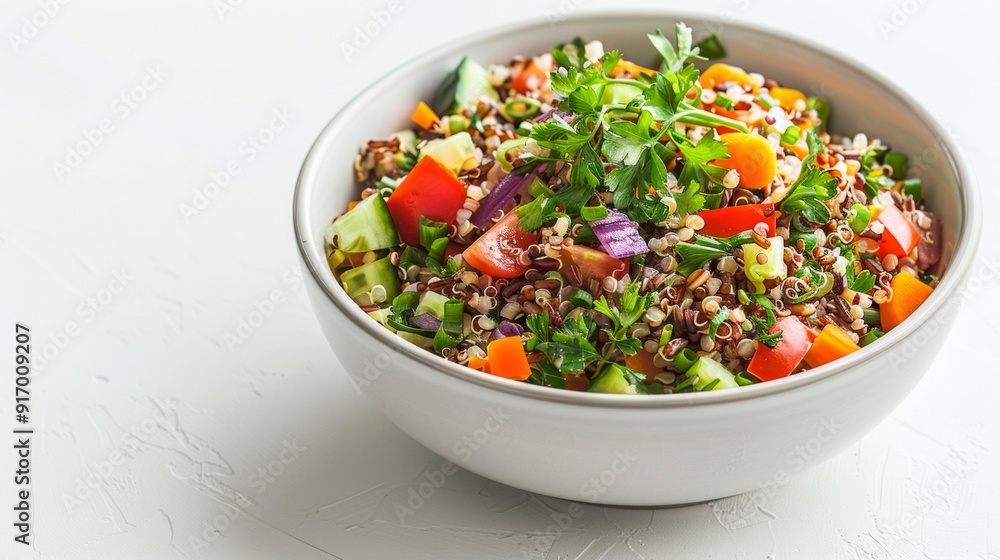 A bowl of mixed grain salad featuring quinoa, farro, and wild rice, tossed with colorful vegetables and a light vinaigrette. A bowl of mixed grain salad featuring quinoa, farro, and wild rice, tossed with colorful vegetables and a light vinaigrette.