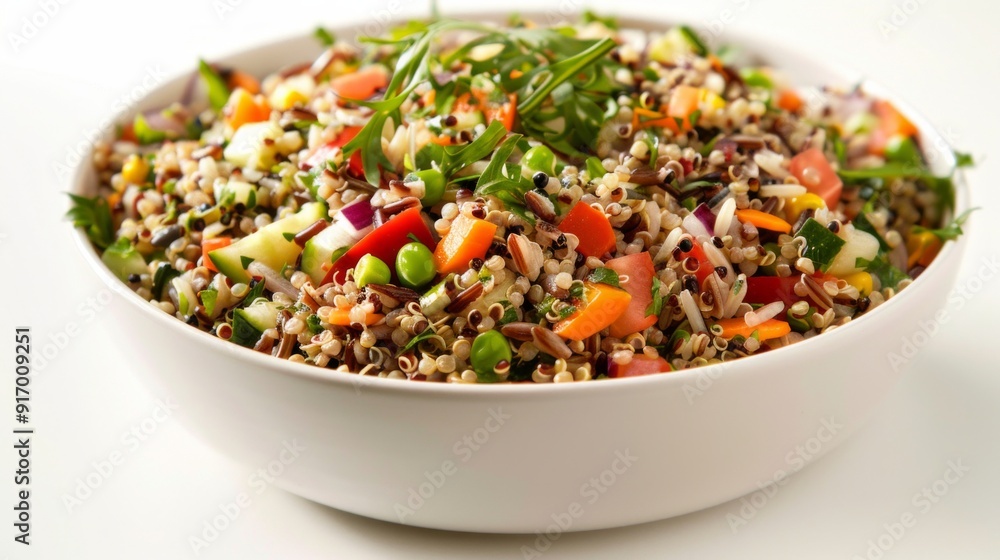 A bowl of mixed grain salad featuring quinoa, farro, and wild rice, tossed with colorful vegetables and a light vinaigrette. A bowl of mixed grain salad featuring quinoa, farro, and wild rice, tossed with colorful vegetables and a light vinaigrette.