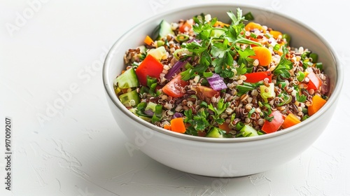 A bowl of mixed grain salad featuring quinoa, farro, and wild rice, tossed with colorful vegetables and a light vinaigrette. 