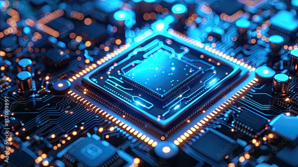 silicon chip, realistic photograph, tech laboratory, bright LED, vibrant blues, optimistic, clean lines silicon chip, realistic photograph, tech laboratory, bright LED, vibrant blues, optimistic, clean lines