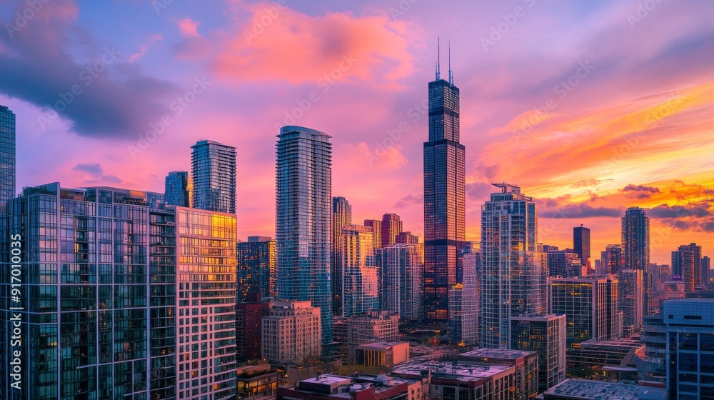 Fototapeta premium An image of a skyline with tall buildings and a colorful sunset sky, capturing the blend of architectural forms and natural beauty.