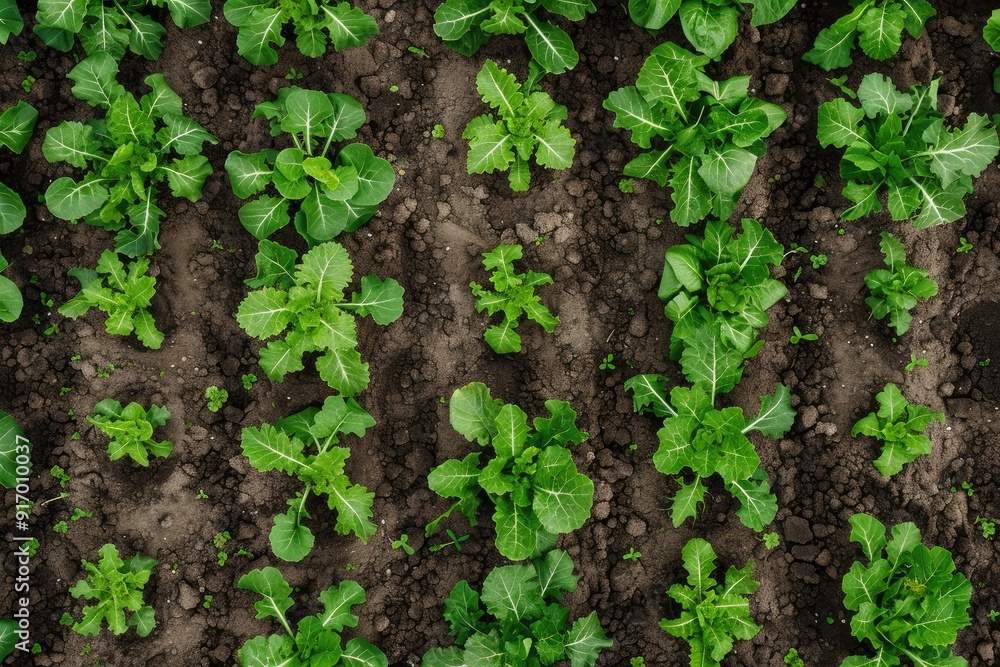 The beds are green. Top view of soil with lettuce, parsley and dill. Even lines are green. Vegetables The beds are green. Top view of soil with lettuce, parsley and dill. Even lines are green. Vegetables
