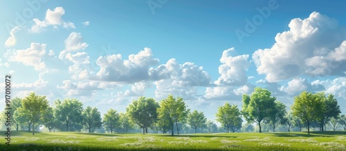Scenic landscape with trees against a backdrop of white clouds and a clear blue sky in a copy space image