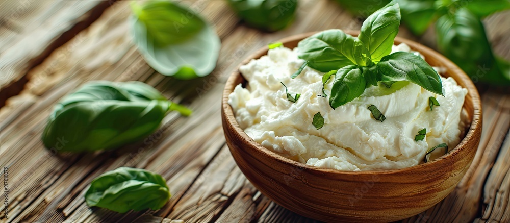 Wooden table featuring fresh ricotta and basil cream cheese in a close up copy space image Wooden table featuring fresh ricotta and basil cream cheese in a close up copy space image