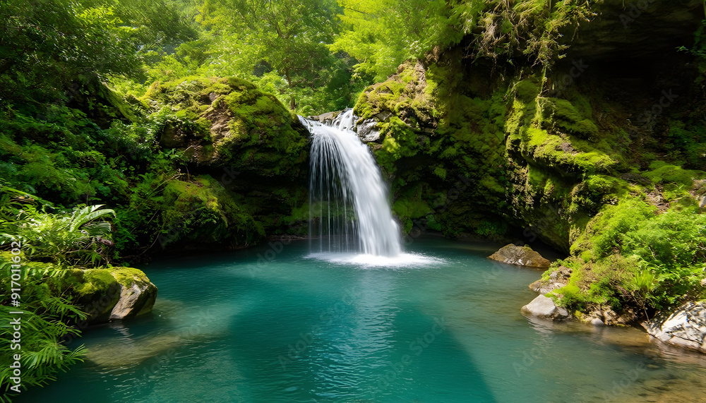 Serene Waterfall Cascading into a Crystal Clear Pool in a Lush Forest Serene Waterfall Cascading into a Crystal Clear Pool in a Lush Forest