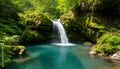 Serene Waterfall Cascading into a Crystal Clear Pool in a Lush Forest