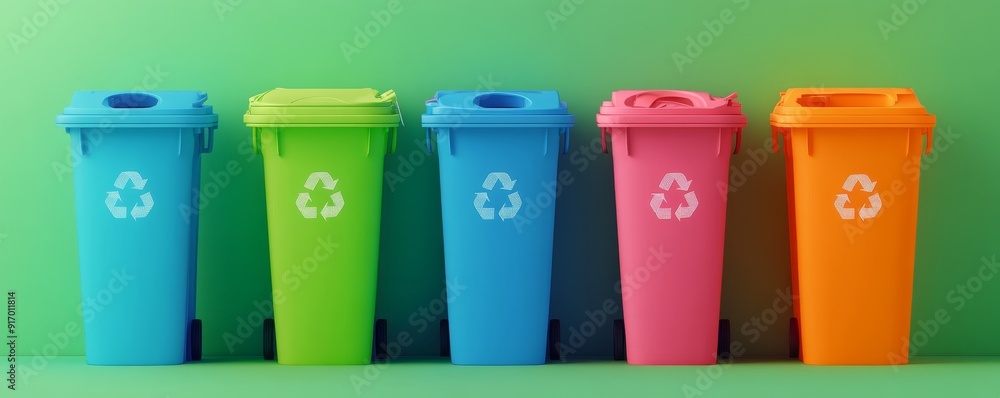 Five colorful recycling bins lined up against a green wall. Five colorful recycling bins lined up against a green wall.