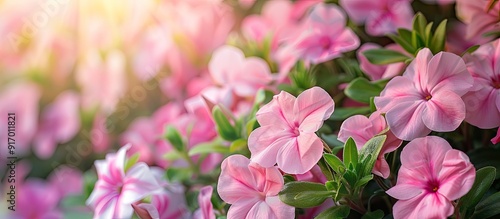 Close up of a stunning display of blooming pink Vinca flowers in a garden providing a beautiful flower background with copy space image