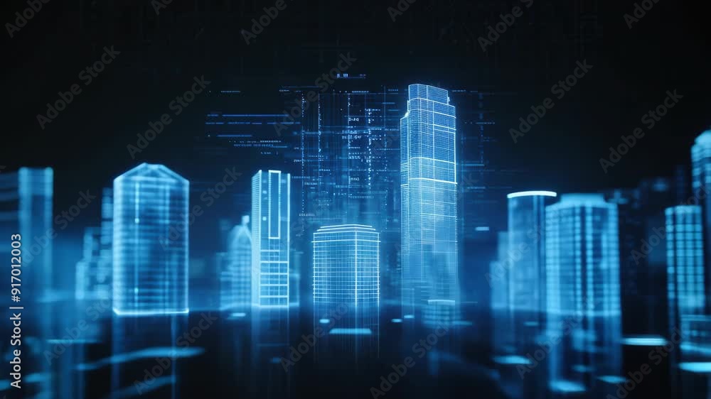 Futuristic city skyline with glowing blue digital holograms representing modern architecture and technology. Futuristic city skyline with glowing blue digital holograms representing modern architecture and technology.
