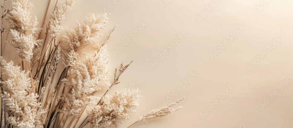 Beige background with a mockup providing copy space image for text featuring trending plant elements like pampas reeds broomstick and dry bamboo Beige background with a mockup providing copy space image for text featuring trending plant elements like pampas reeds broomstick and dry bamboo