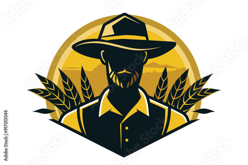 A farmer in a hat poses against a backdrop of golden wheat, symbolizing hard work and dedication to farming.