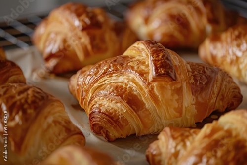 An image highlighting the flaky and buttery texture of freshly baked croissants, still warm from the oven photo