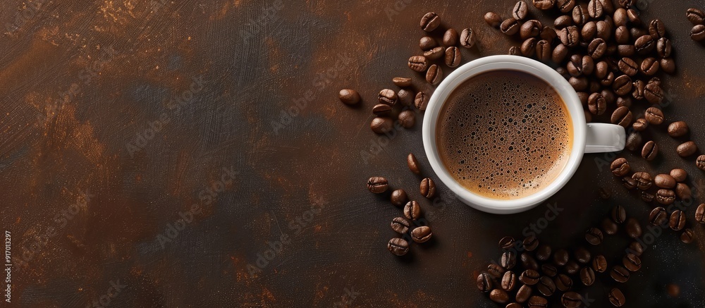 A tempting freshly brewed cup of coffee with coffee beans shot from above with a spacious copy space image A tempting freshly brewed cup of coffee with coffee beans shot from above with a spacious copy space image