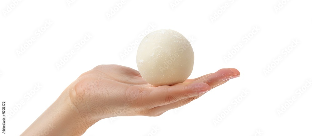 Isolated image of a hand holding a mochi or moci wijen with empty space for additional content Isolated image of a hand holding a mochi or moci wijen with empty space for additional content