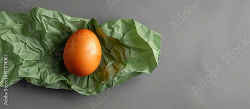 Horizontal gray background with green packaging containing a farm chicken egg with copy space image photo