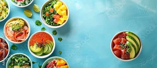 Various types of poke bowls displayed from above on a blue background with copy space image