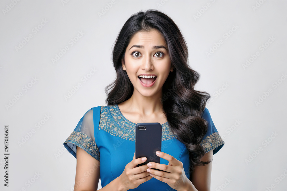 Happy Indian woman holding a smartphone, isolated white background Happy Indian woman holding a smartphone, isolated white background