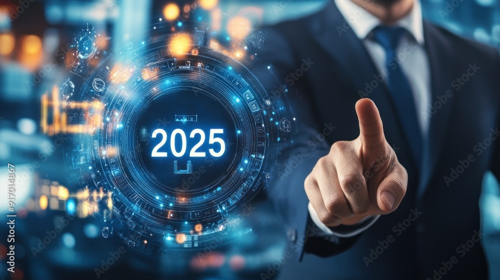Businessman Interacting with Holographic Interface Featuring 2025 Businessman Interacting with Holographic Interface Featuring 2025