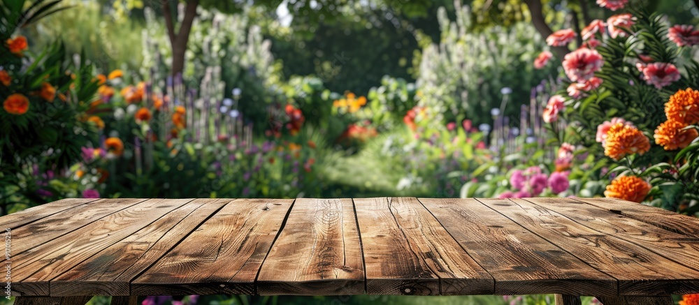 Wooden table with empty space surrounded by a backdrop of a lush garden with flowers ideal for product displays or creating montage images. Copy space image. Place for adding text and design Wooden table with empty space surrounded by a backdrop of a lush garden with flowers ideal for product displays or creating montage images. Copy space image. Place for adding text and design