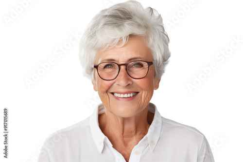 European elderly woman smiling on transparent background. Subjects related to old age. American women. Transparent background png cutouts. Retirement home. White women.