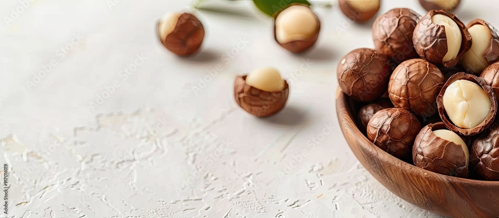 Macadamia nuts featured in a white background with copy space image Macadamia nuts featured in a white background with copy space image