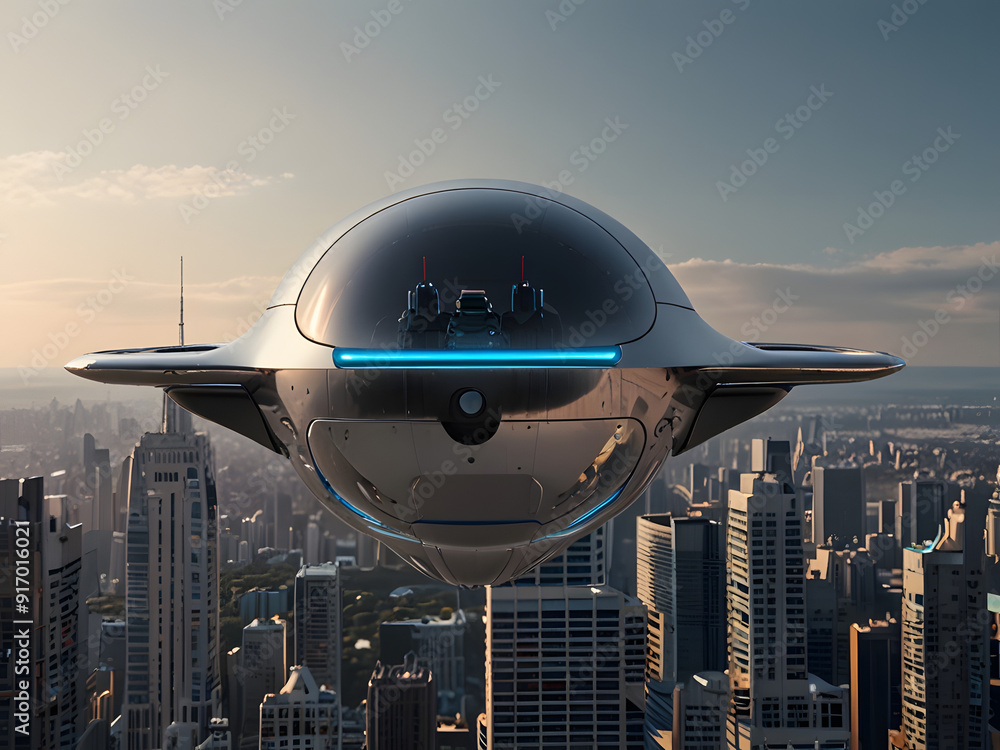 Fototapeta premium Futuristic Mini Robot in a Flying Pod Over City Skyline