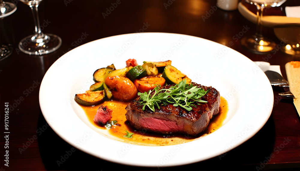 Gourmet Steak Dinner with Roasted Vegetables and Rich Sauce Gourmet Steak Dinner with Roasted Vegetables and Rich Sauce