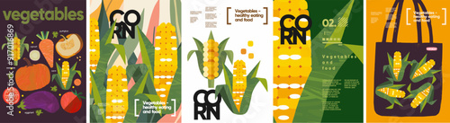 Corn, food and vegetables. Vector modern abstract illustration of corn cobs isolated on white background, in bag and pattern for background, poster, flyer or brochure cover