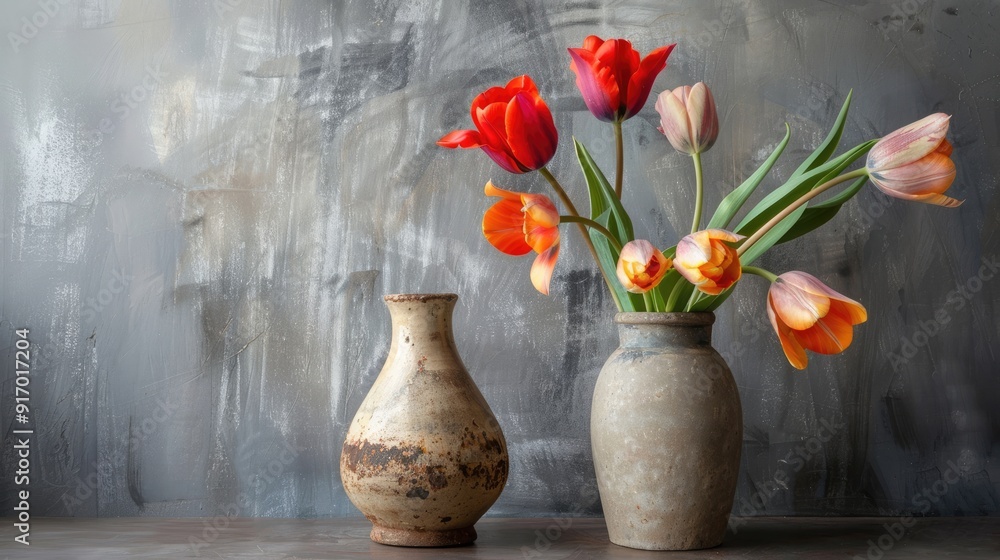 Three old vases with red and orange tulips in a grey room. Three old vases with red and orange tulips in a grey room.