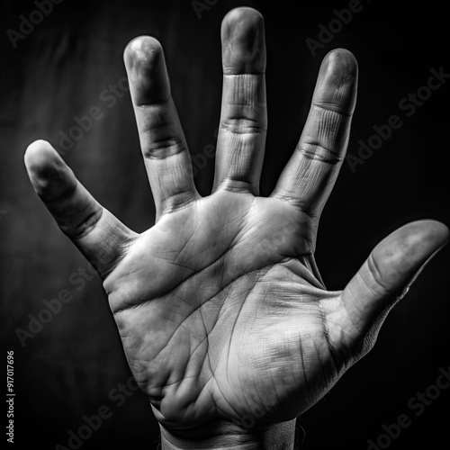 A detailed black and white close-up of an outstretched human hand, showcasing the intricate lines and textures of the palm and fingers. The image conveys simplicity and focus on human detail. photo