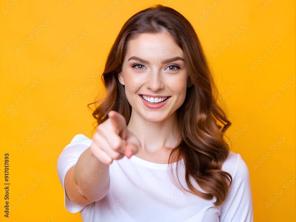 Portrait of beautiful young woman pointing at you on yellow background Portrait of beautiful young woman pointing at you on yellow background