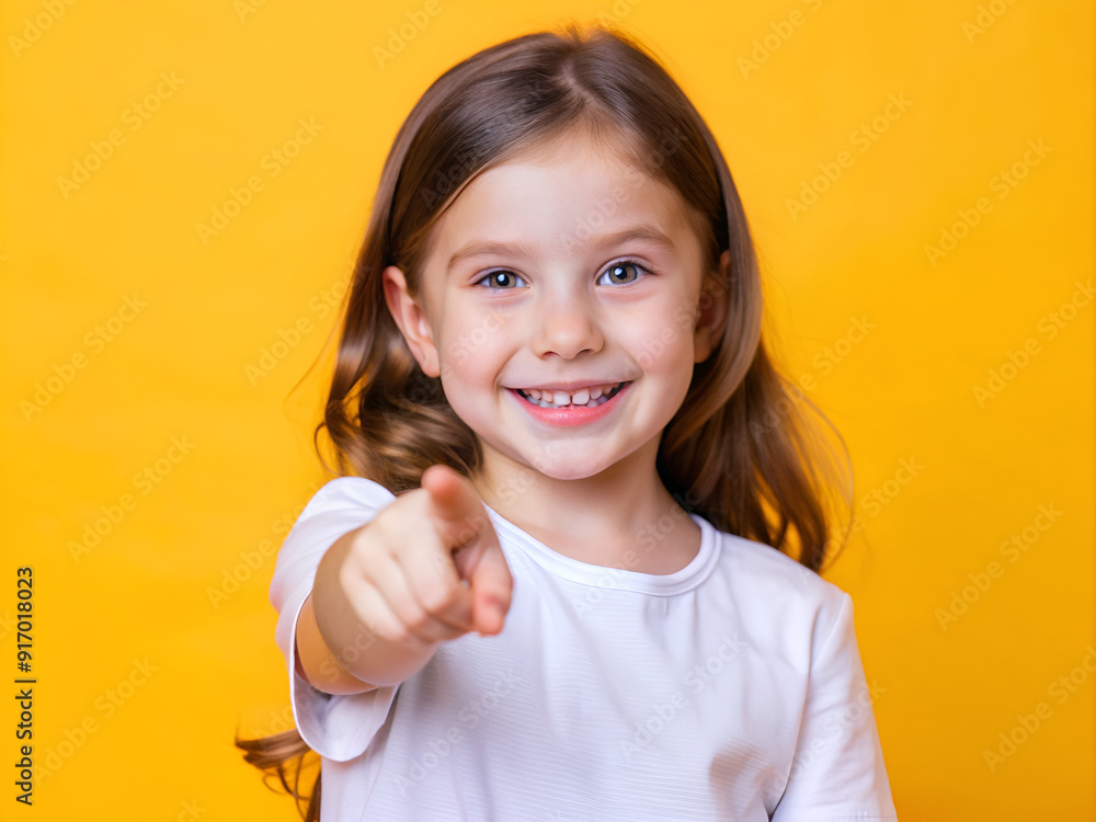 Portrait of cute adorable smiling girl pointing at you on yellow background Portrait of cute adorable smiling girl pointing at you on yellow background