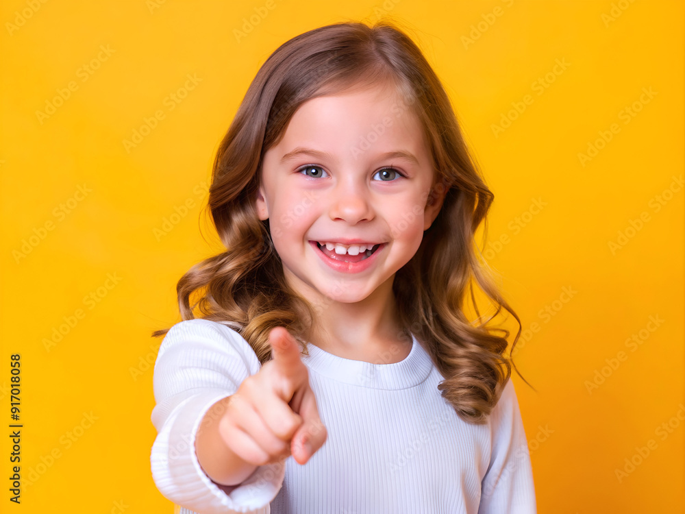 Portrait of cute adorable smiling girl pointing at you on yellow background Portrait of cute adorable smiling girl pointing at you on yellow background
