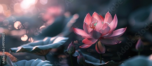 A beautiful pink lotus flower in bloom during the summer season with ample copy space image photo