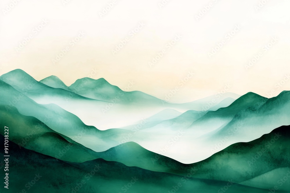Abstract Green Watercolor Background with a Mountain Landscape Obscured by Fog Abstract Green Watercolor Background with a Mountain Landscape Obscured by Fog