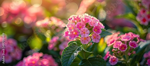 Close up view of a beautiful pink Lantana Camara flower in a vibrant hedge Perfect for a copy space image