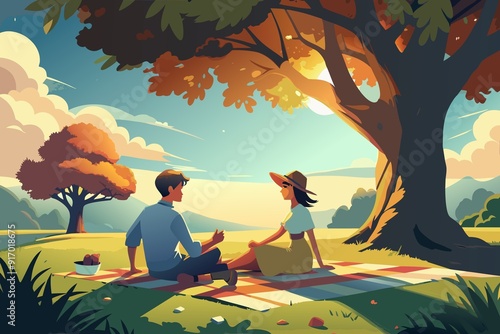 a couple, a man and a woman sitting under a tree in the park