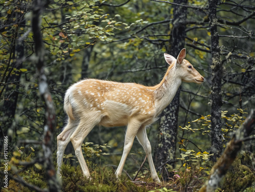 A deer is walking through a forest. The deer is the main focus of the image, and it is surrounded by trees and bushes