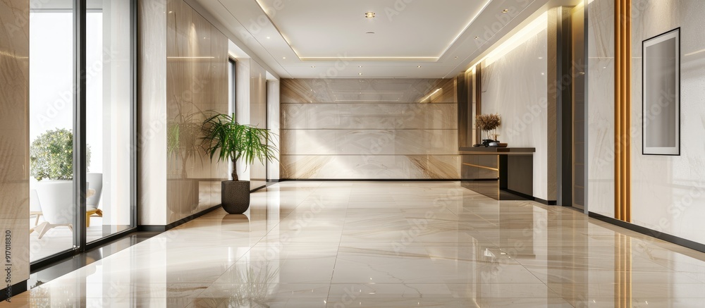 Modern apartment hall interior with a minimalistic style shown in a perspective view in a copy space image Modern apartment hall interior with a minimalistic style shown in a perspective view in a copy space image